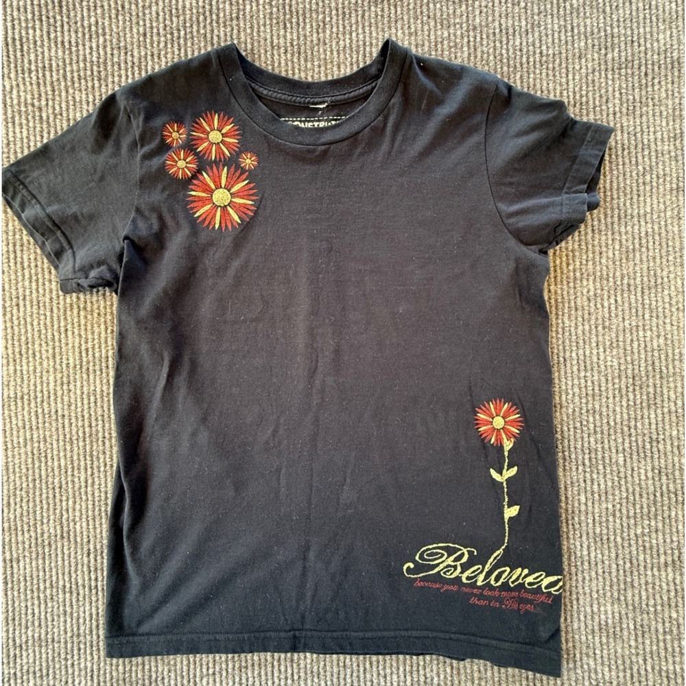 OneTruth Women Black Beloved Floral Graphic T-Shirt XL Short Sleeve Christian
